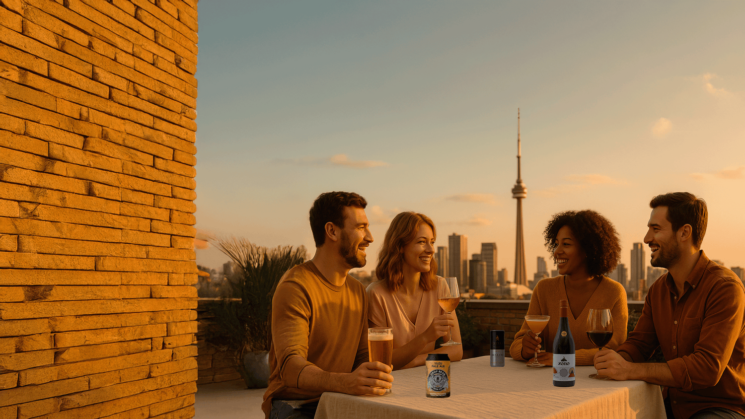 Friends enjoying premium non-alcoholic wine beer and cocktails on a patio overlooking an urban Canadian city